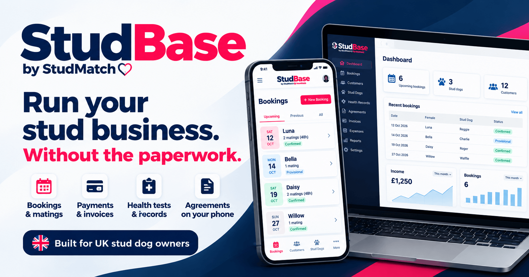 StudBase stud dog management software displayed on a laptop and smartphone, showing booking calendars and stud service management features