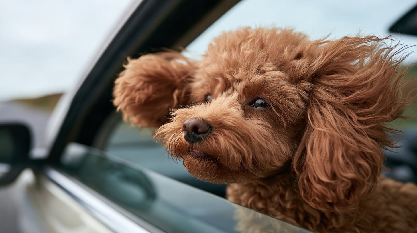 A toy poodle sitting in the back of a car ready to travel to a mating