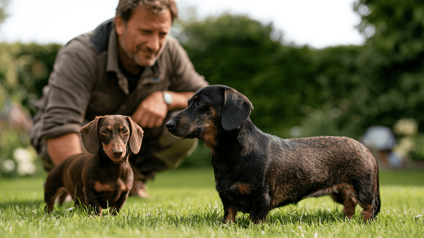 Stud handler assessing the size and suitability of two Miniature Dachshunds before a planned mating, highlighting responsible dog breeding and animal welfare.